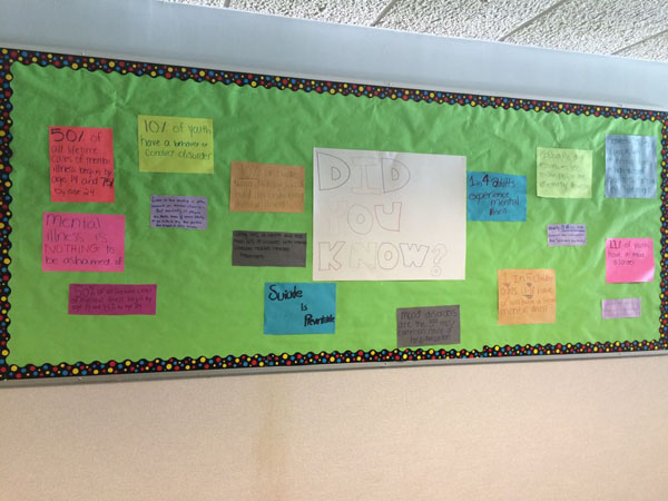 English Department bulletin board filled with facts about mental health.