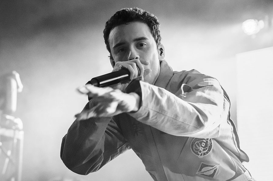 AUSTIN, TX - MARCH 25:  (EDITORS NOTE: Image has been converted to black and white.) Rapper Logic performs in concert at Stubbs Bar-B-Q on March 25, 2016 in Austin, Texas.  (Photo by Rick Kern/WireImage)
