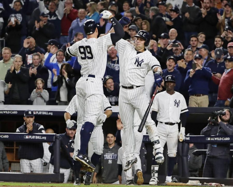 Aaron Judge (l.) celebrates with Gary Sanchez after hitting a two-run home run. (FRANK FRANKLIN II/AP) 
*NY Daily News