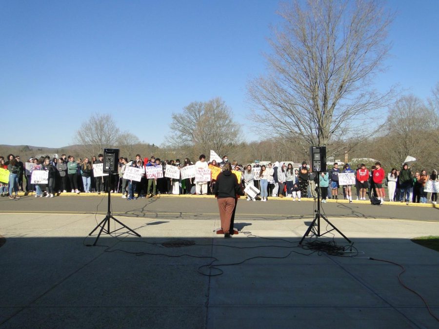 The crowd at the beginning of the walkout, being addressed by Talbert-Slagle (Photo by Zach Infeld)