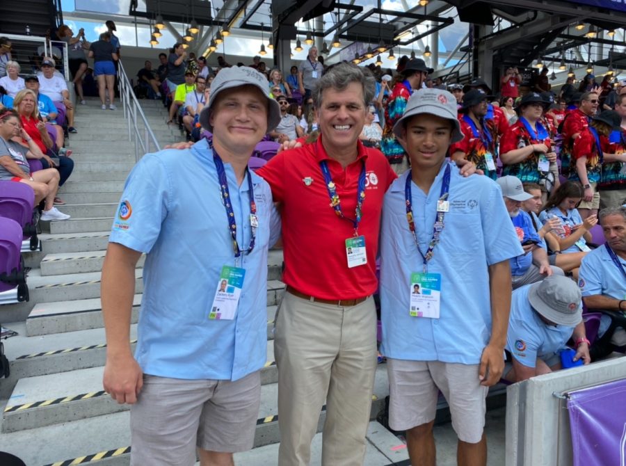 (L-R) Zack Ryer, Special Olympics Board Chair Timothy Shriver and Mekhi Watson at the Special Olympics USA Games in Orlando, Florida