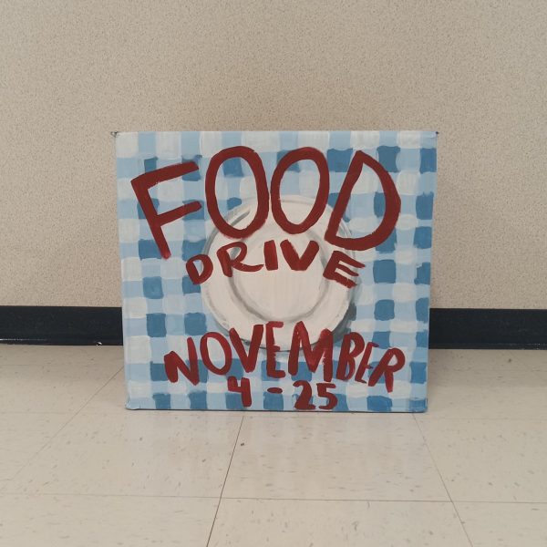 Please donate non-perishable and canned food items. This collection box can be found by the library entrance. 